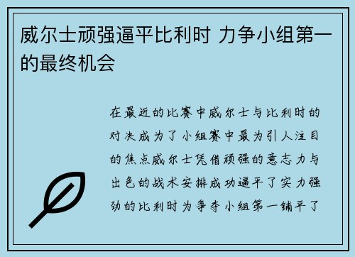 威尔士顽强逼平比利时 力争小组第一的最终机会