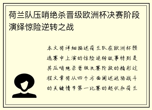 荷兰队压哨绝杀晋级欧洲杯决赛阶段演绎惊险逆转之战