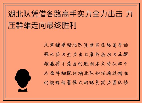 湖北队凭借各路高手实力全力出击 力压群雄走向最终胜利