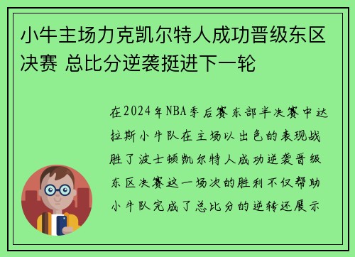 小牛主场力克凯尔特人成功晋级东区决赛 总比分逆袭挺进下一轮