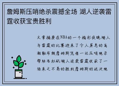 詹姆斯压哨绝杀震撼全场 湖人逆袭雷霆收获宝贵胜利