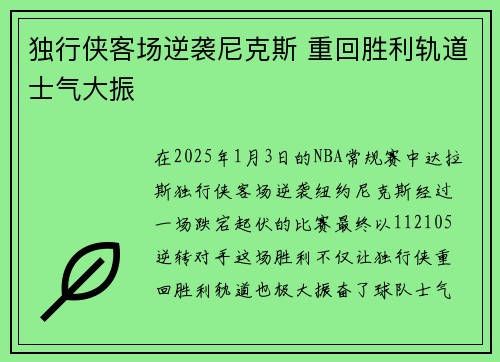 独行侠客场逆袭尼克斯 重回胜利轨道士气大振