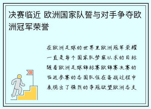 决赛临近 欧洲国家队誓与对手争夺欧洲冠军荣誉