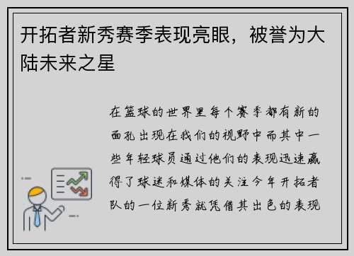 开拓者新秀赛季表现亮眼，被誉为大陆未来之星