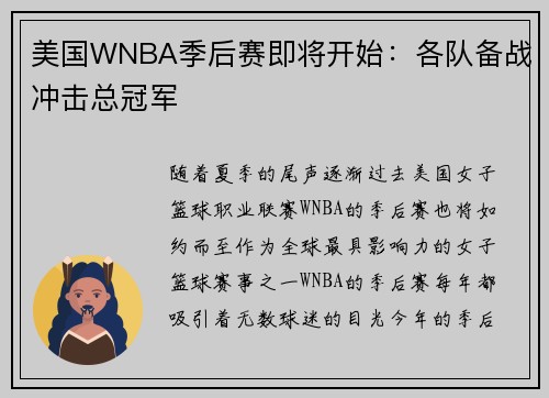 美国WNBA季后赛即将开始：各队备战冲击总冠军