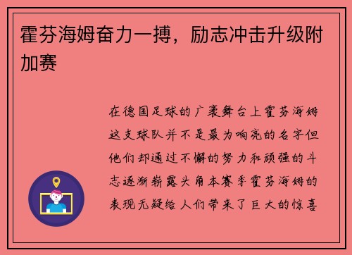 霍芬海姆奋力一搏，励志冲击升级附加赛