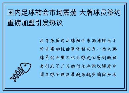 国内足球转会市场震荡 大牌球员签约重磅加盟引发热议